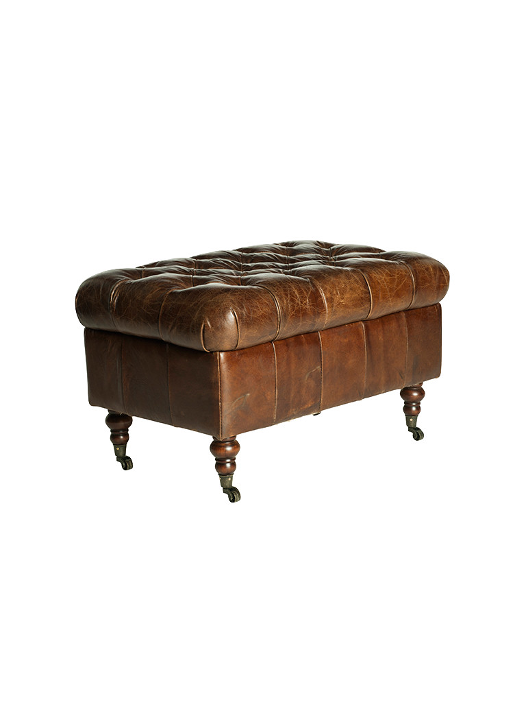 Button Top Storage Seat and Ottoman in Aged Leather