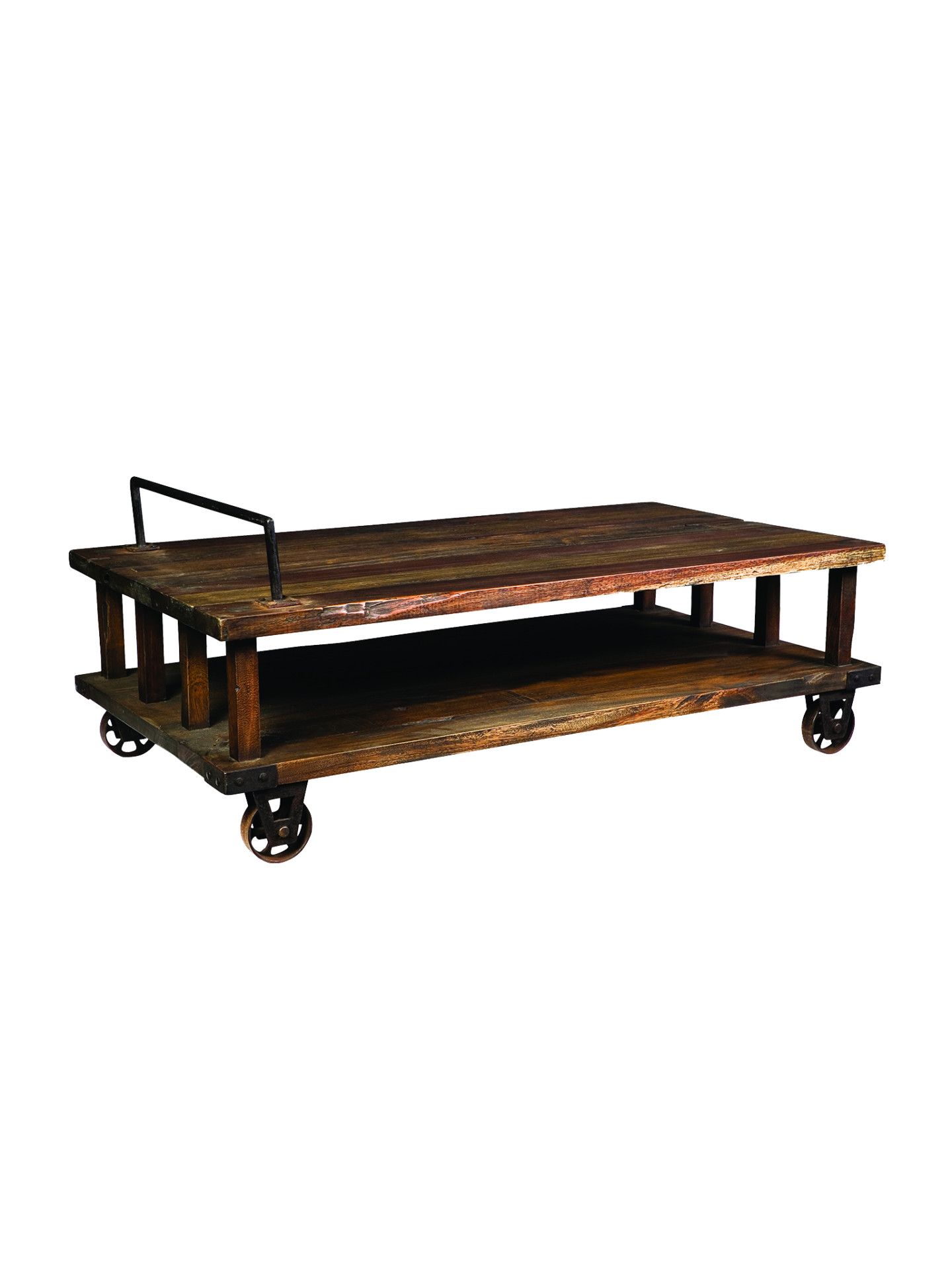 Porters Cart Coffee Table in Salvaged East Indian Walnut with Aged Metal Handle and Wheels