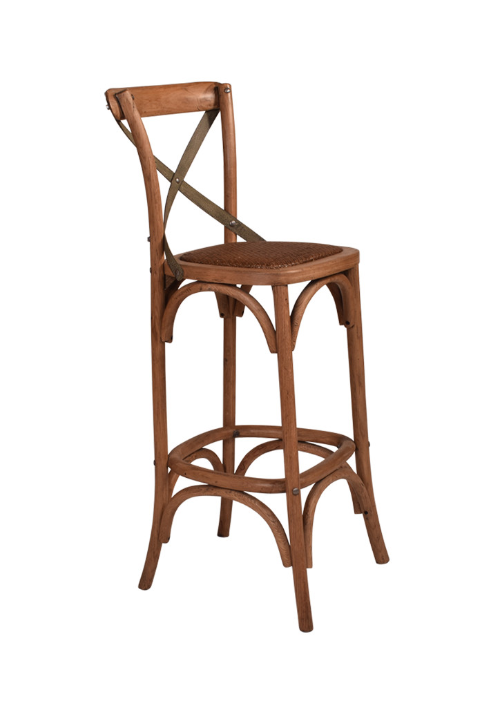 Cross Back Oak Bar Stool with Grey Metal Straps