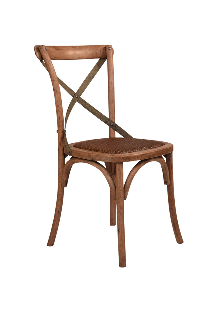 Cross Back Oak Chair with Grey Metal Straps