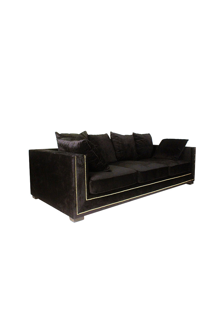 Glanz Sofa 3.5 Seat Black Velvet with Gold Studding and Accent Cushions